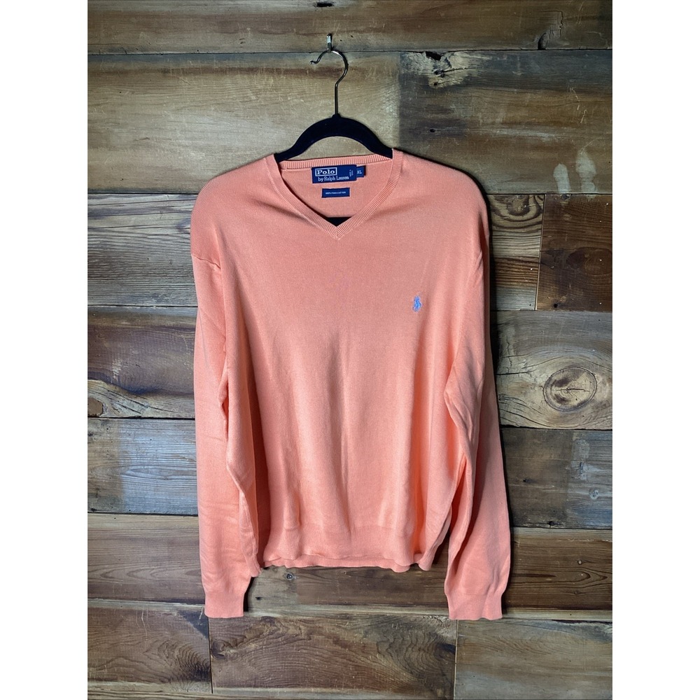 Vintage Polo Ralph Lauren Sweater Sherbet Orange Pima Cotton V Neck Pullover XL